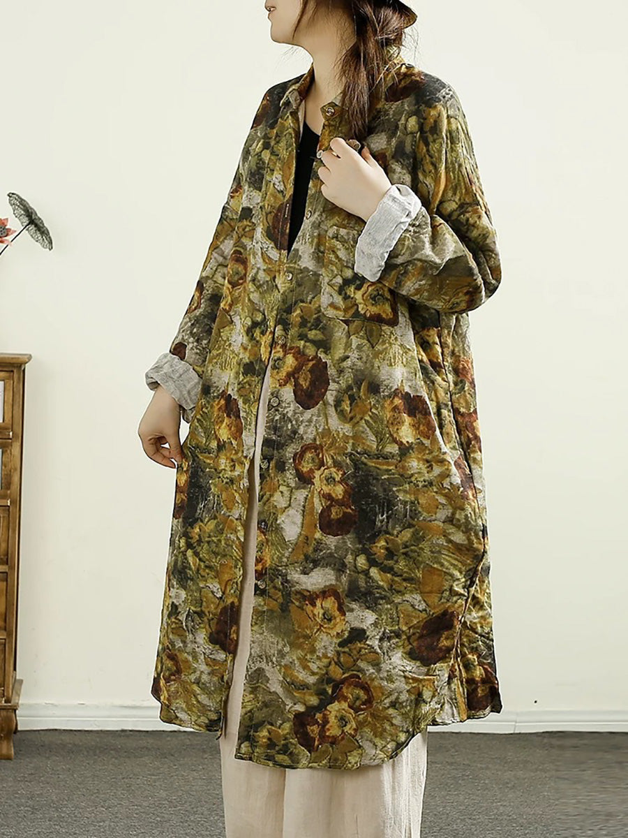 Women Vintage Autumn Flower Button-up Thin Cotton Coat AK1014 Genistyle Shop