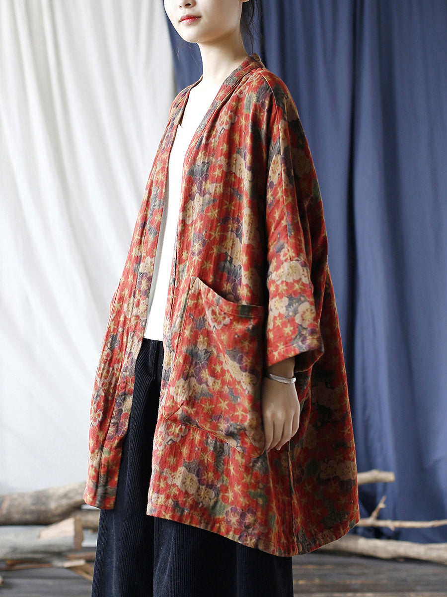 Women Ethnic Floral V-neck Pocket Cardigan Coat RR019 XIM