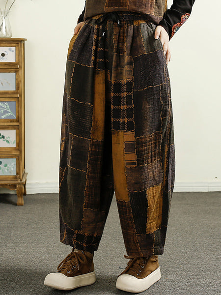 Women Autumn Plaid Spliced Cotton Harem Pants AI1051 BUYKUD