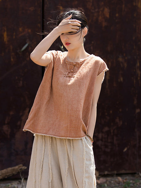 Women Summer Tie-dye Raw-edge Linen Vest CV1031 Ada Fashion