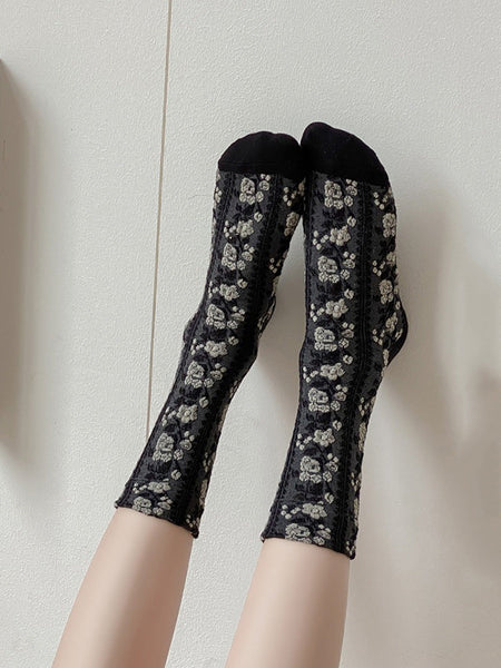 5 Pairs Women Floral Jacquard Cotton Socks AK1035 Genistyle Shop