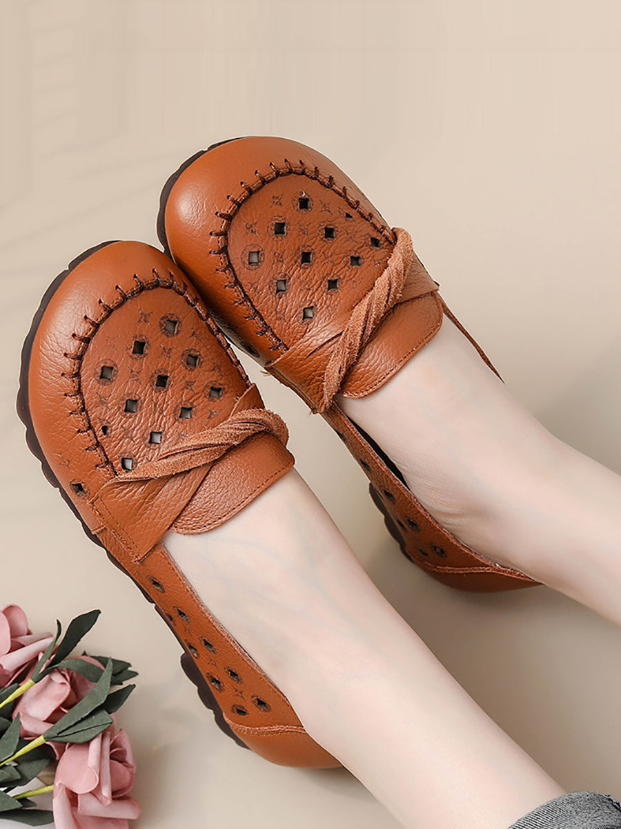 Women Vintage Leather Cutout Spliced Low Heel Shoes RR1047 BC