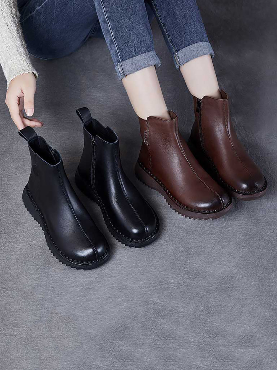 Women Retro Genuine Leather Zippper Mid-Heel Boots AH1078 YYDS