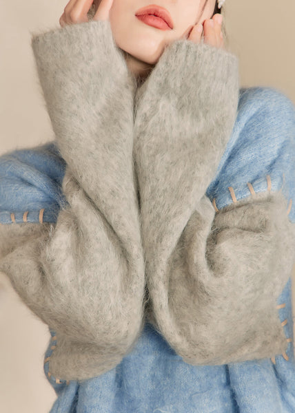 Loose Blue O-Neck Patchwork Thick Cotton Knit Sweaters Winter RY004 ABC