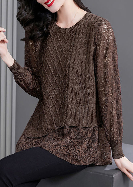 Women Coffee O-Neck Knit Patchwork Fake Two Pieces Top Fall WD029 OL-LTP241103