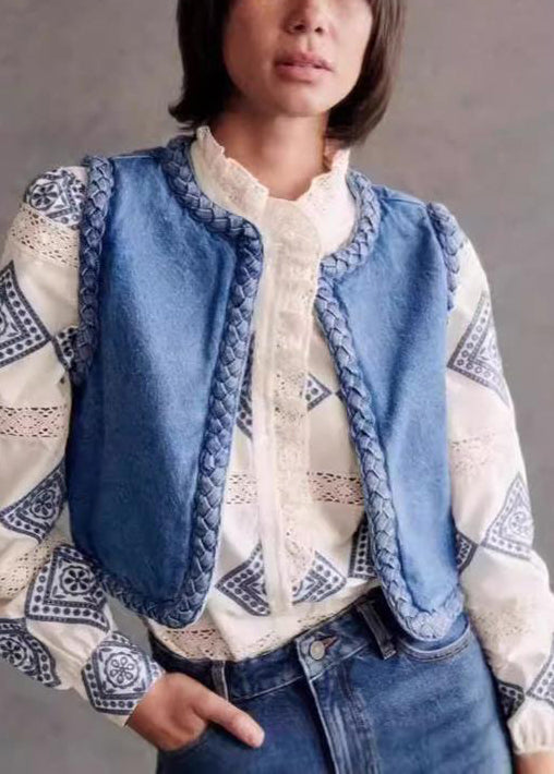 O Bohemian Cotton Filled Blue Fine Denim Vest Neck Sleeveless FashionChic