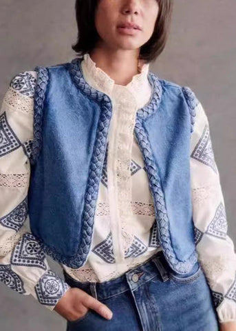 O Bohemian Cotton Filled Blue Fine Denim Vest Neck Sleeveless FashionChic