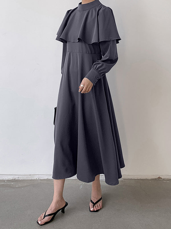 Ruffle Waist Long Mock Tied A-Line Elegant Trim Neck Coffee FashionChic