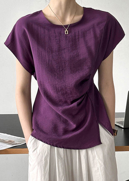 Simple Purple O Neck Front Open CottonTops Short Sleeve AF1086 HS-STP240914