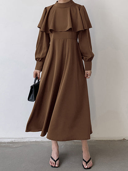 Ruffle Waist Long Mock Tied A-Line Elegant Trim Neck Coffee FashionChic