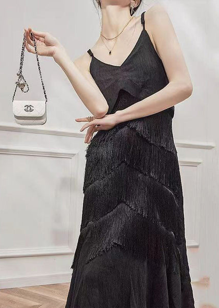 French Black Tasseled Vacation Strap Fishtail Dress Summer AJ1026 shopify