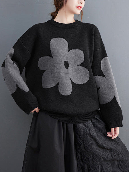 Cute Loose Black Round-Neck Contrast Color Flower Long Sleeve Sweater AN1070 Genistyle Shop