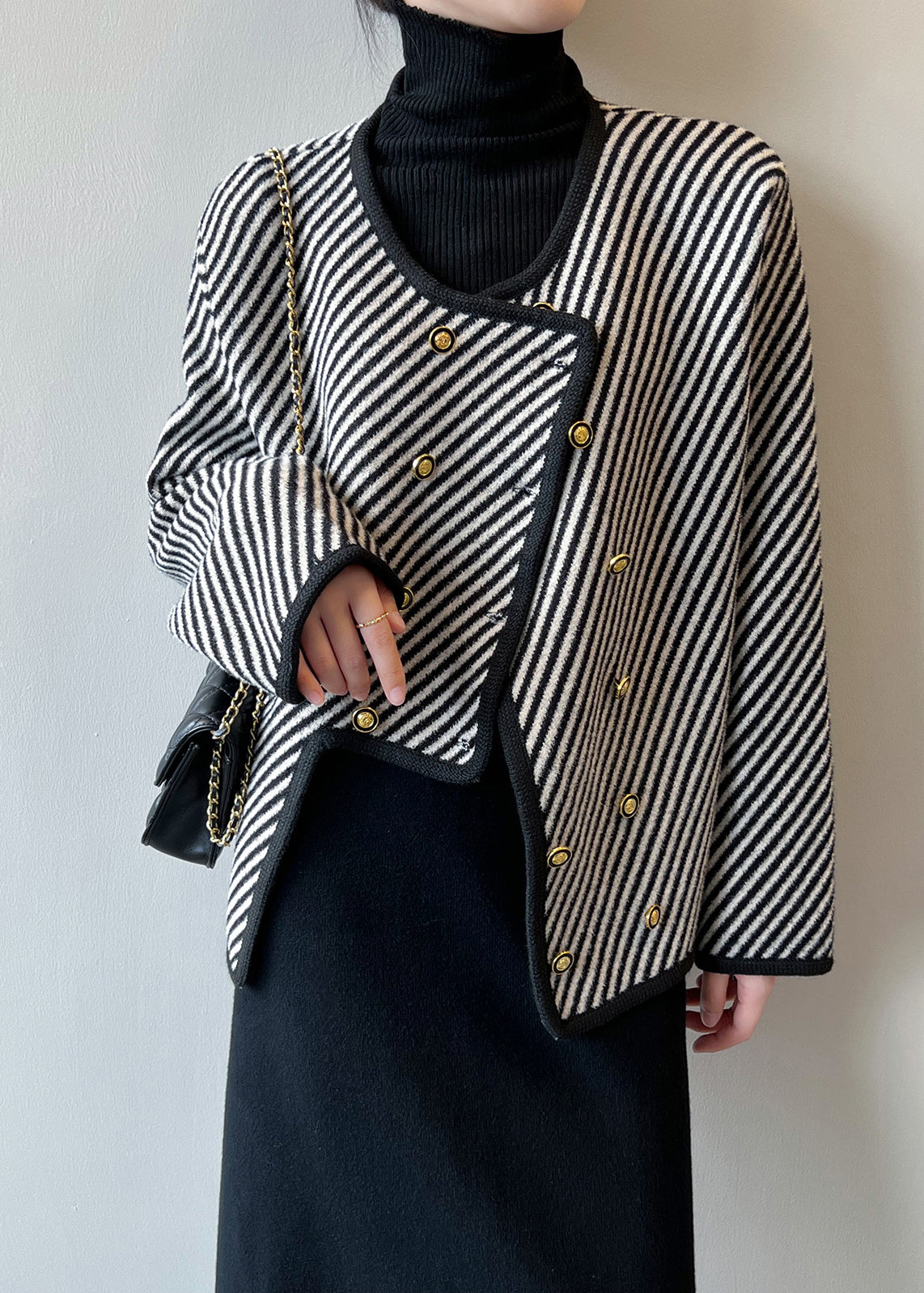 Italian Asymmetrical Striped Double Breast Cotton Coats Fall AF1054 HS-CTS240914