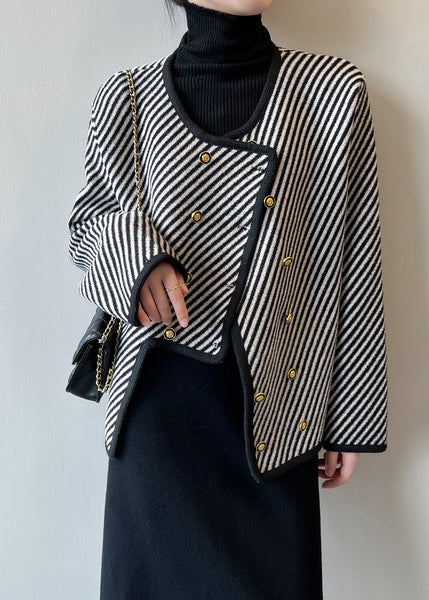 Italian Asymmetrical Striped Double Breast Cotton Coats Fall AF1054 HS-CTS240914