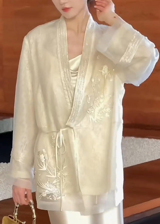 Cardigan Neck V Embroidered Up Lace Vintage Silk Beige Spring FashionChic