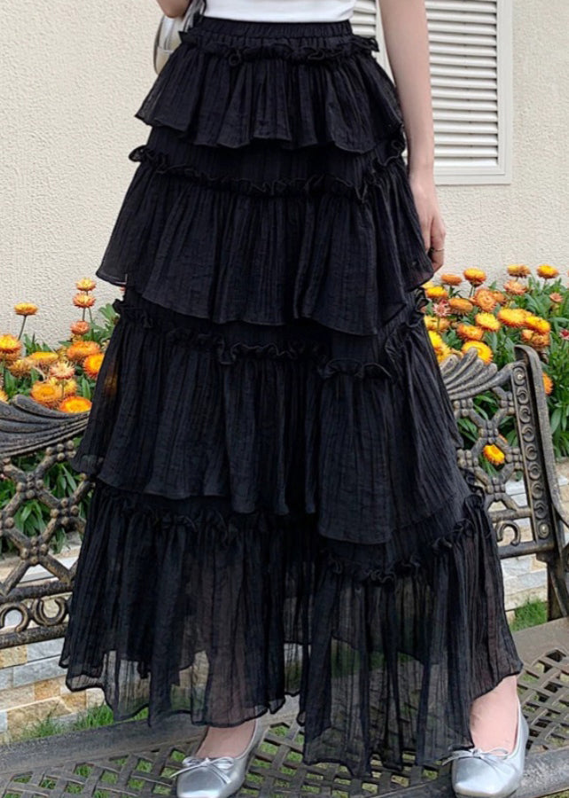 Fashion Black Ruffled Patchwork Elastic Waist Cotton Skirt Summer TT1021 shopify