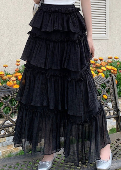 Fashion Black Ruffled Patchwork Elastic Waist Cotton Skirt Summer TT1021 shopify