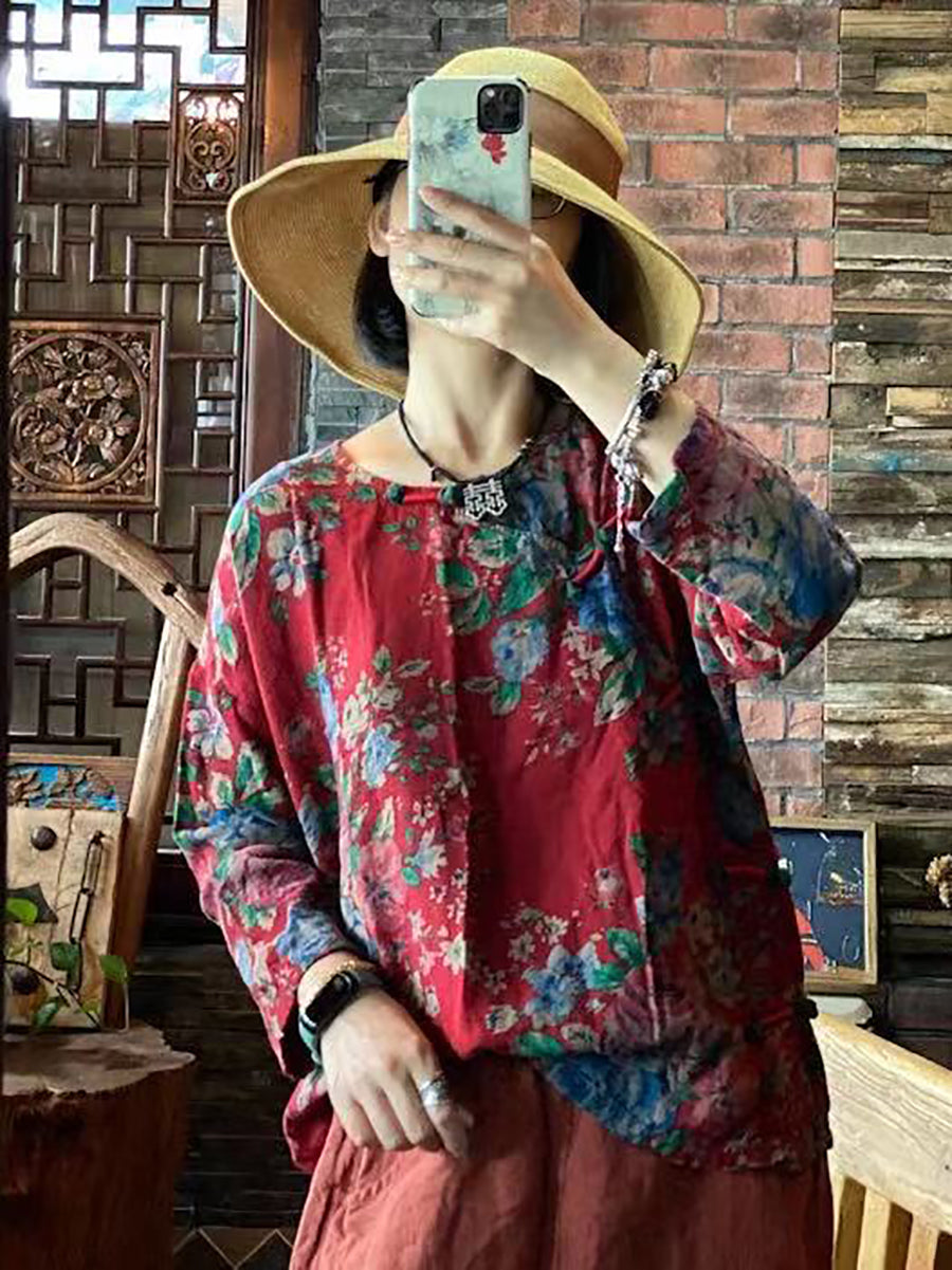 Women Ethnic Floral Loose 100%Cotton Shirt AA1032 Ada Fashion