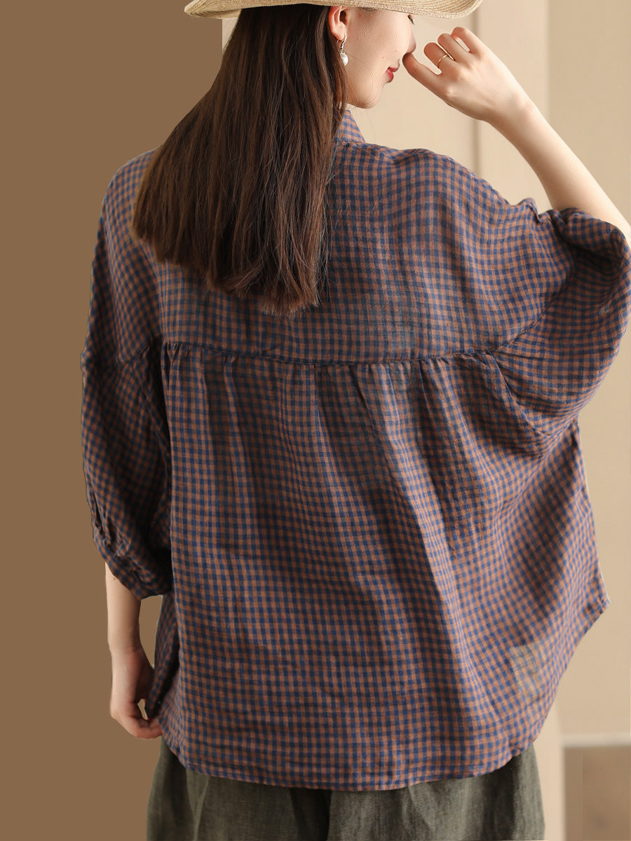 Women Summer Vintage Plaid Button-Up Linen Shirt PP1034 BUYKUD