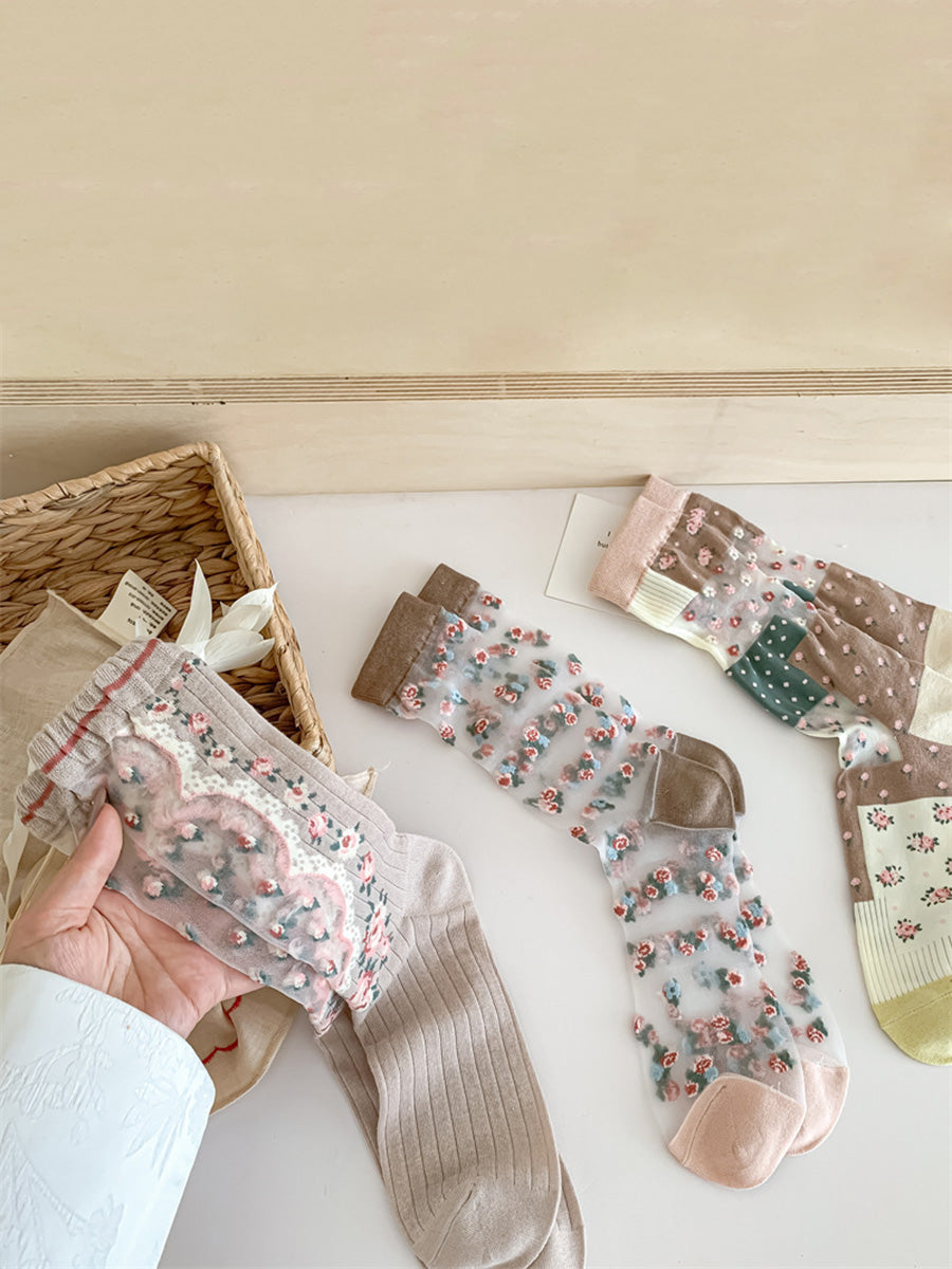 3 Pairs Women Artsy Floral Thin Socks FD037 BUYKUD