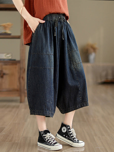 Women Summer Casual Solid Denim Spliced Wide-leg Pants PP1002 BUYKUD
