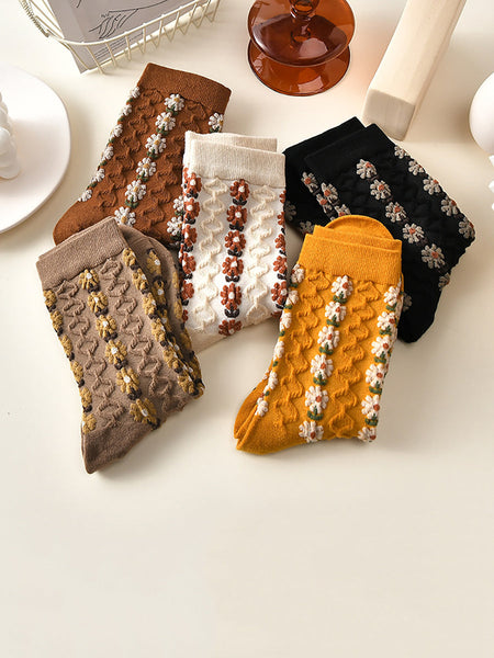 5 Pairs Women Autumn Artsy Flower Jacquard Socks RR013 BUYKUD