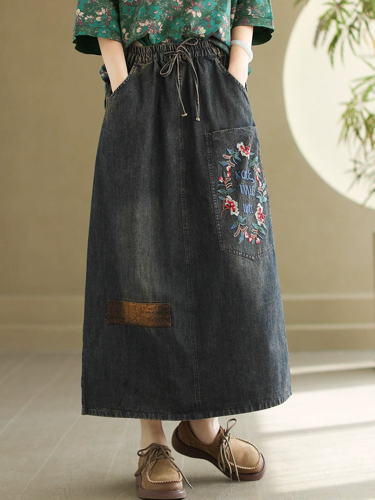 Women Artsy Flower Embroidery Denim Skirt CO1053 Ada Fashion
