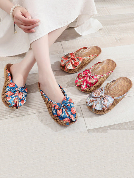 Bowknot Ethnic Weave Women Indoor Slippers Straw Flower FashionChic