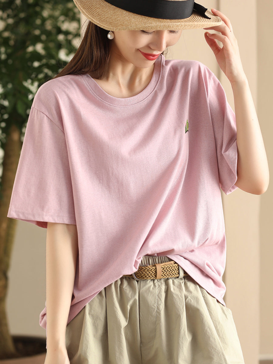 Women Summer Casual Solid Embroidery O-Neck Cotton Shirt CX060 JPFS