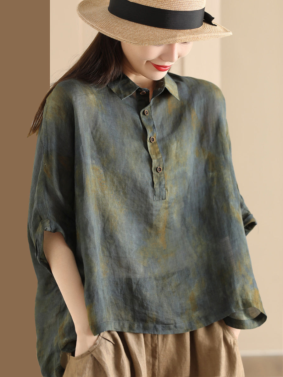 Women Summer Vintage Tie-dye POLO Ramie Shirt OO1045 LPP