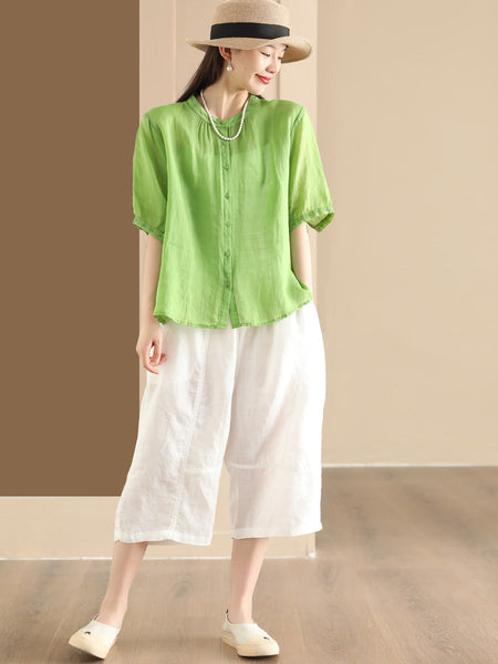 Women Summer O-Neck Embroidery Button-up Ramie Shirt PP1035 BUYKUD