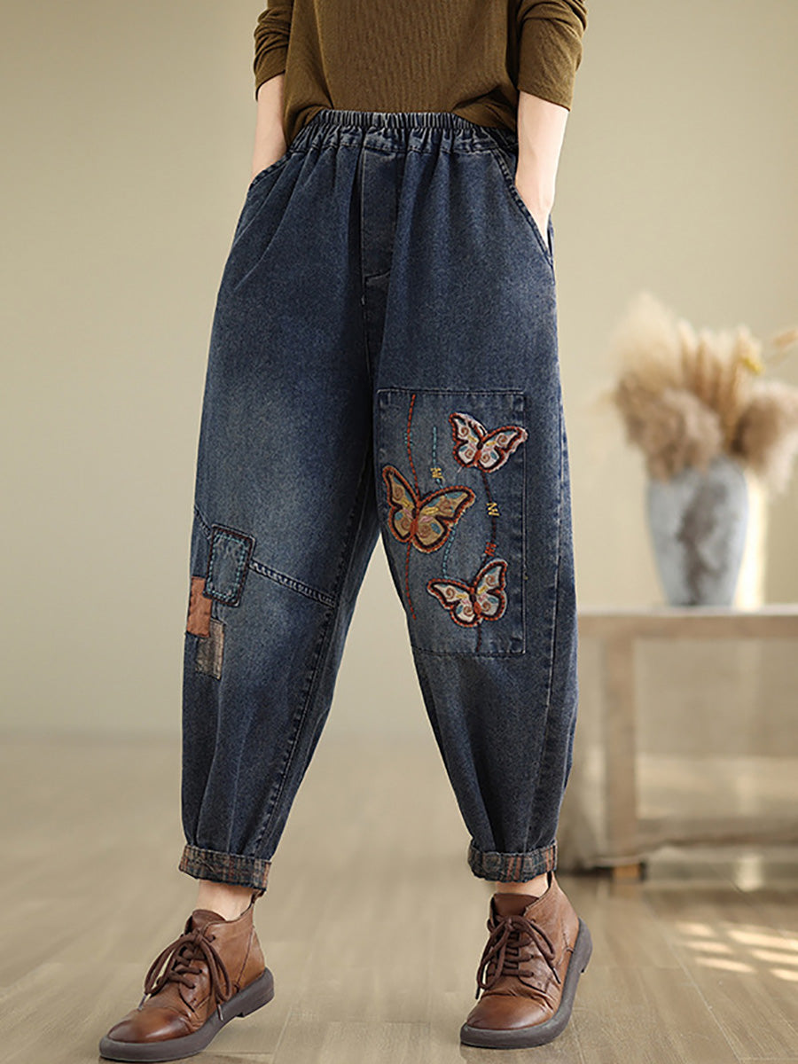 Women Autumn Artsy Butterfly Embroidery Denim Harem Pants AI1078 ZMFS