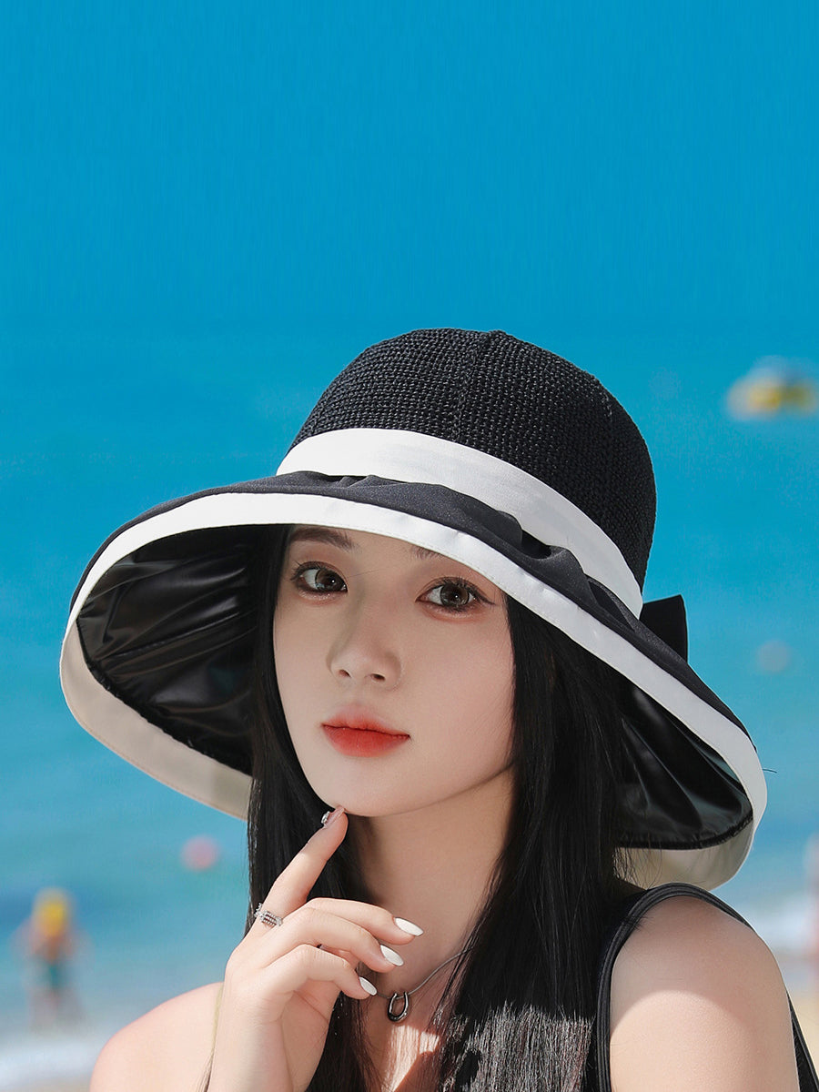 Women Summer Colorblock Large Brim Bowknot Hat WE1003 Ada Fashion