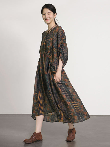 Plus Size Women Summer Artsy Print V-Neck Ramie Dress LL054 BUYKUD