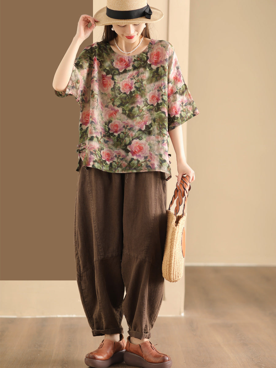 Women Artsy Floral Summer Ramie Pullover Shirt KL1016 Ada Fashion