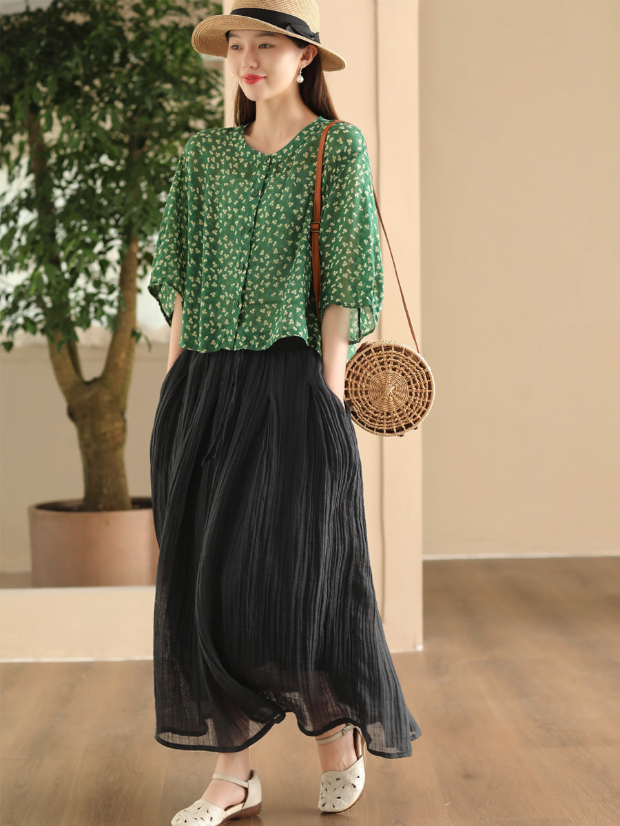 Women Summer Artsy Floral O-Neck Thin Shirt FD023 XJYF