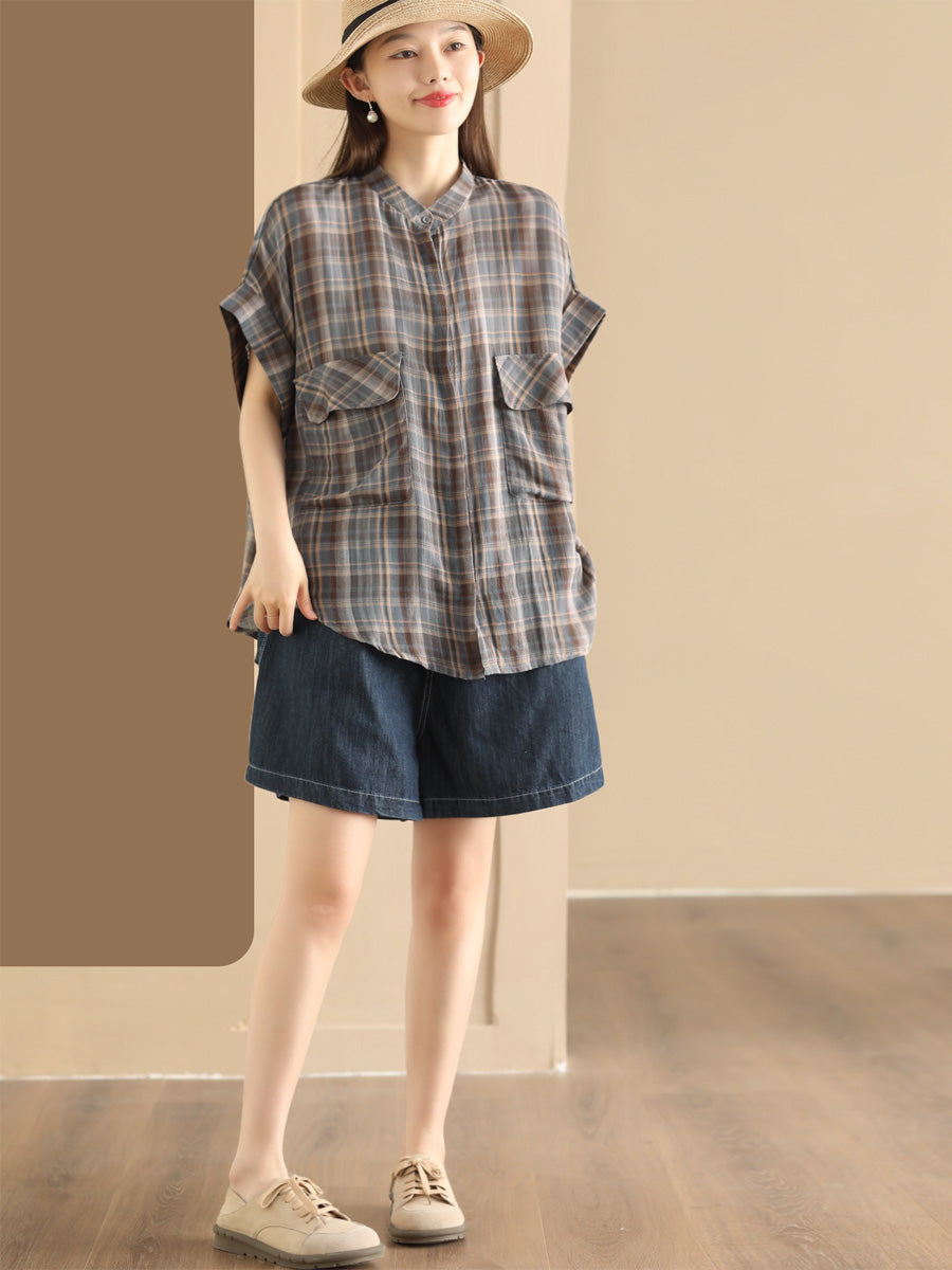 Women Summer Vintage Plaid Button-up Shirt PP1037 XLM