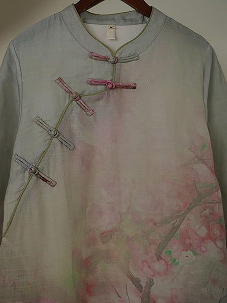 Women Artsy Flower Ramie Buckle Summer Dress XX1020 Ada Fashion