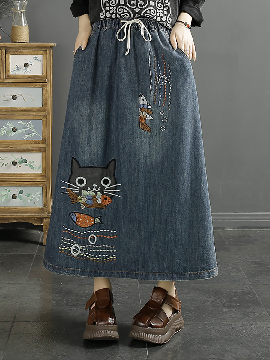 Women Summer Casual Cat Fish Embroidery Denim Skirt KL1008 Ada Fashion