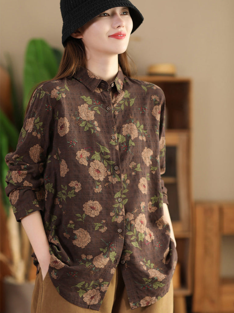 Women Autumn Vintage Flower Button-up Shirt AI1040 BUYKUD