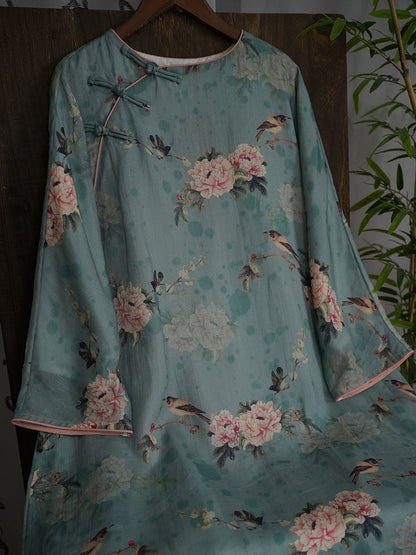 Women Autumn Vintage Flower Ramie Blue  Robe Dress AX1004 Genistyle Shop