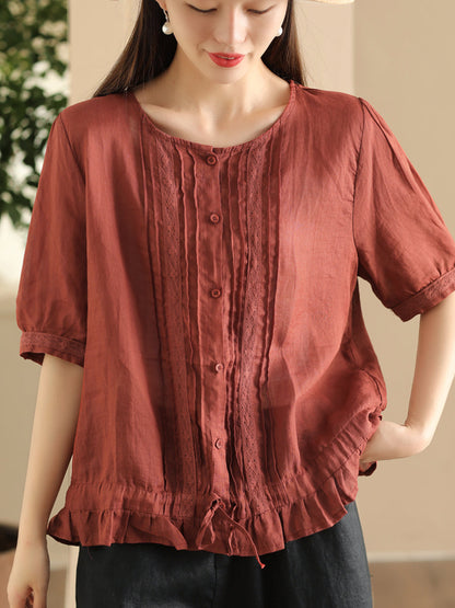 Women Summer Vintage Embroidery Button-up Strap Ramie Shirt FD018 ZMMM