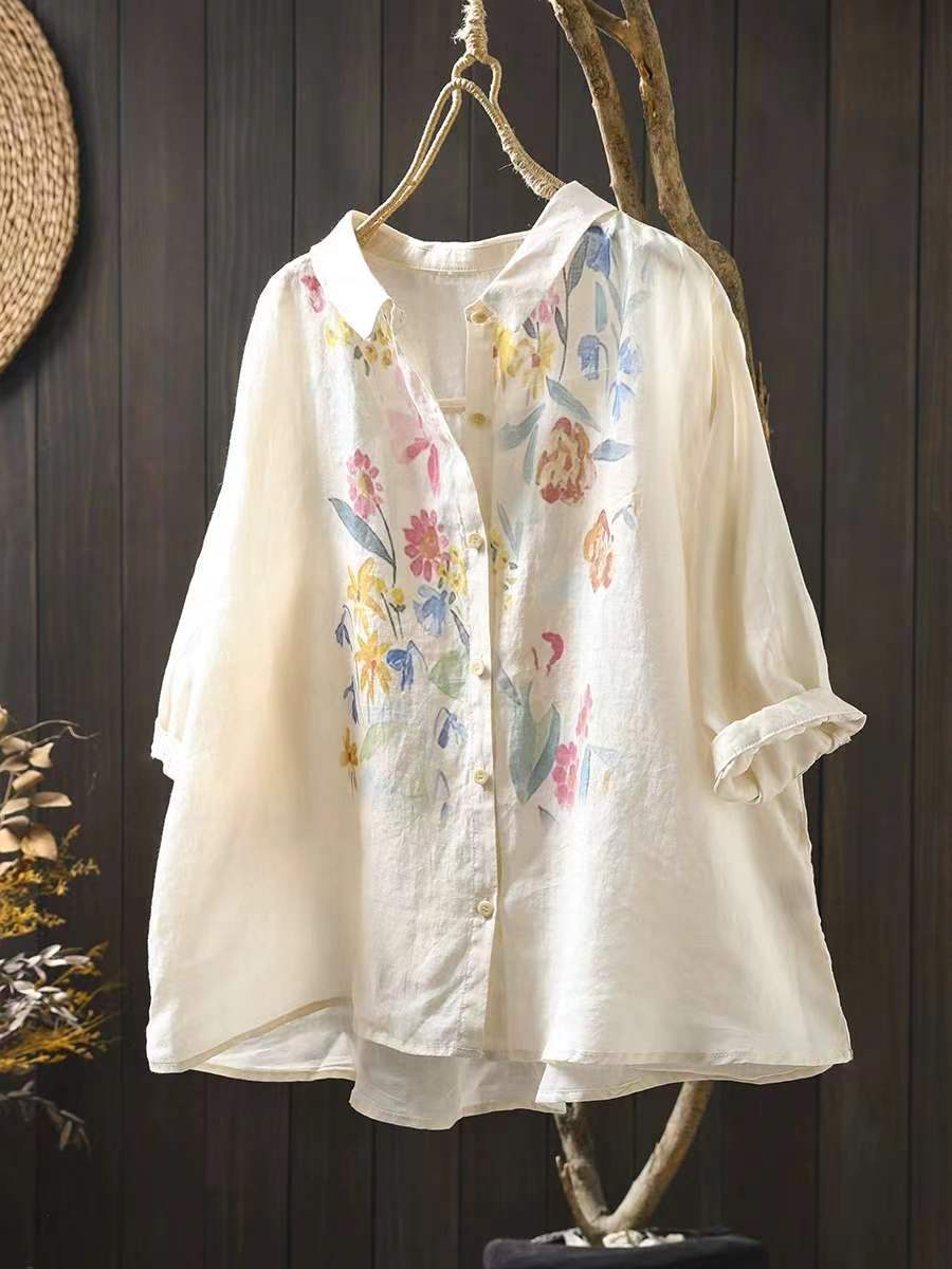 Women Artsy Summer Flower Print Ramie Blouse PA1033 Ada Fashion