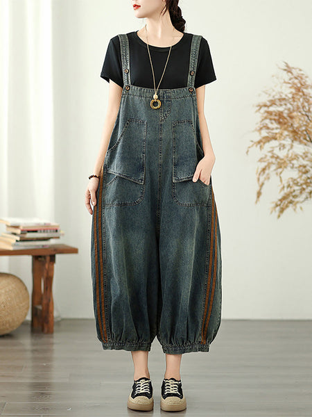 Jumpsuits Summer Worn Stripe Denim Women Loose FashionChic
