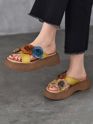 Women Summer Platform Spliced Flower Leather Slippers FashionChic