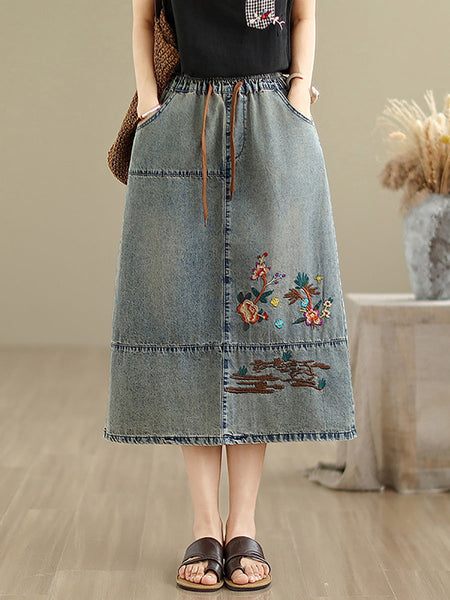 Denim Women Artsy Spring Flower Embroidery Skirt FashionChic