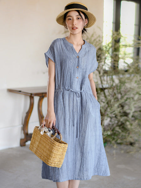 Women Summer Vintage Solid Strap Wrist Linen Dress OO1011 QMCJ