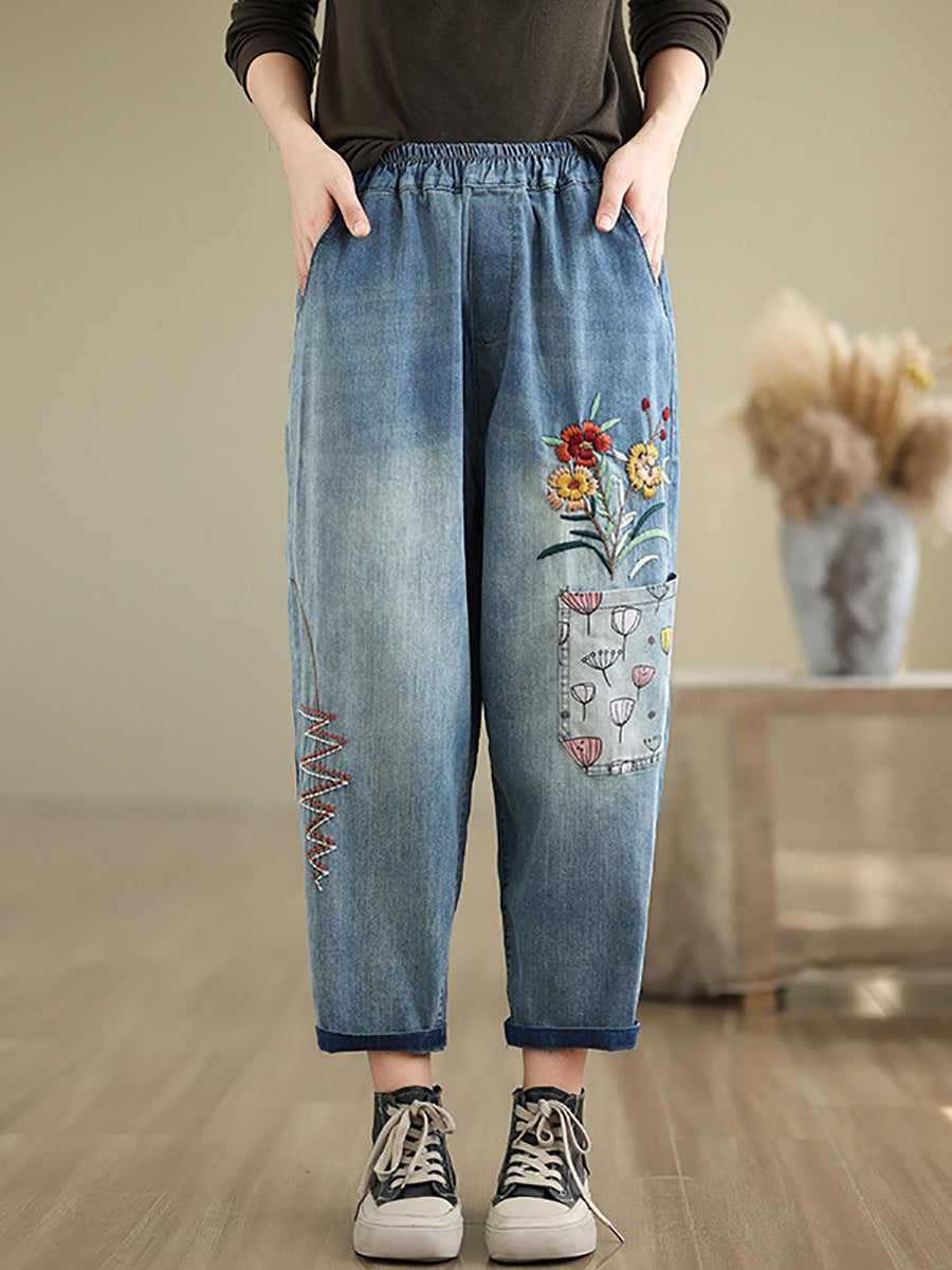 Women Autumn Artsy Flower Embroidery Denim Harem Pants AI1074 ZMFS