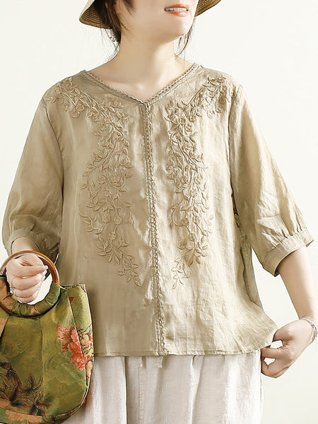 Women Summer Artsy Embroidery V-Neck Ramie Shirt PP1020 ZMMM