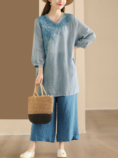 Women Summer Artsy Embroidery Ramie Long Shirt AS1022 Ada Fashion